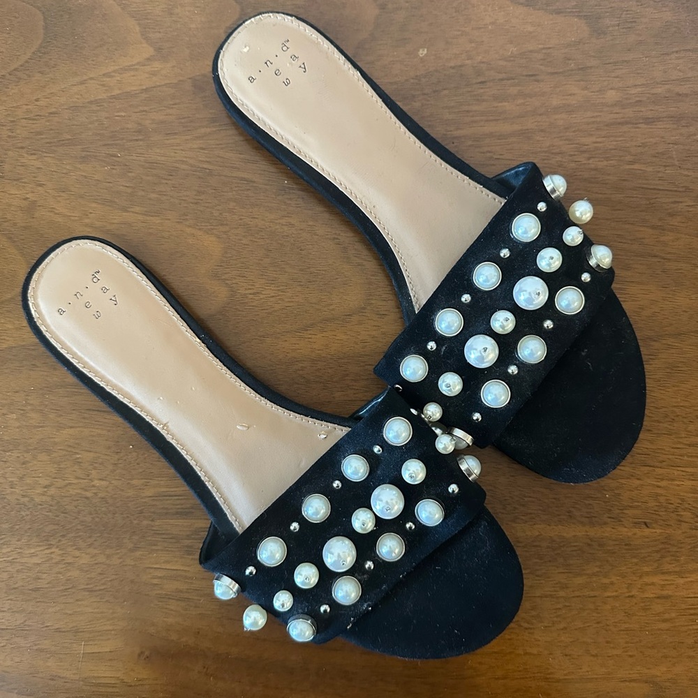 A New Day | Black Pearl Embellished Slide Sandals